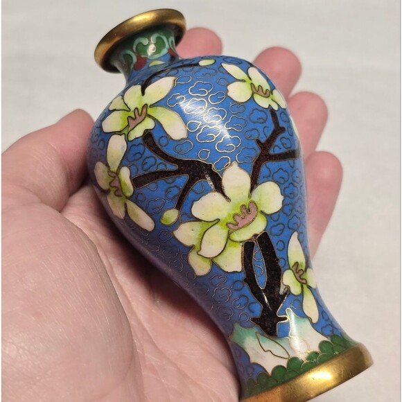Cloisonne Cherry Blossom Flowers With Bird Blue Vintage Chinese Mini Vase - Picture 5 of 10